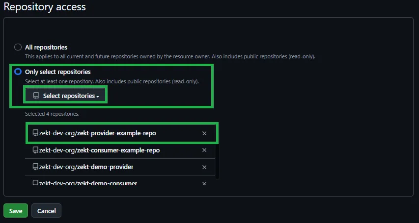 Select Github target repository for app install